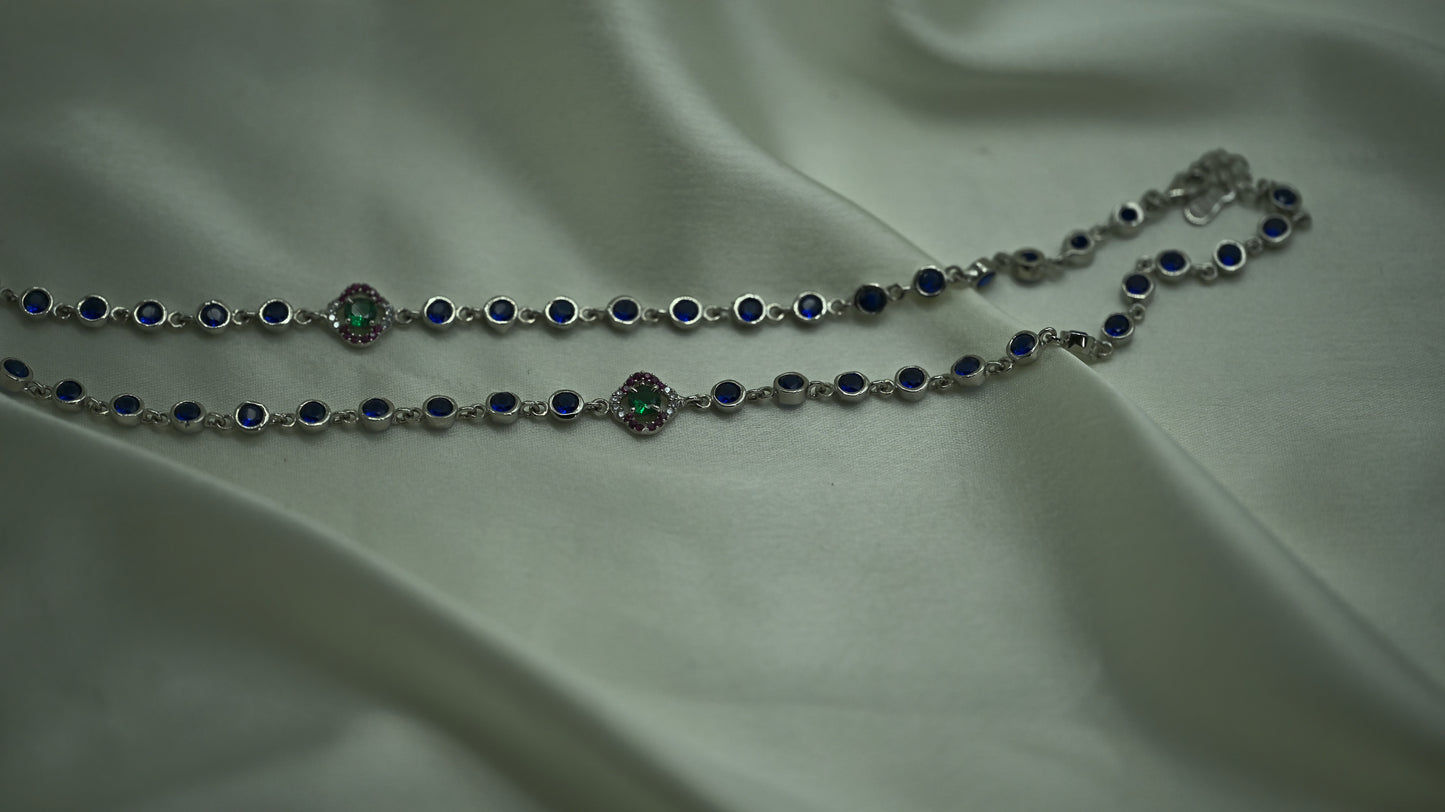 Sterling Silver Anklet with Blue & Green CZ Accent