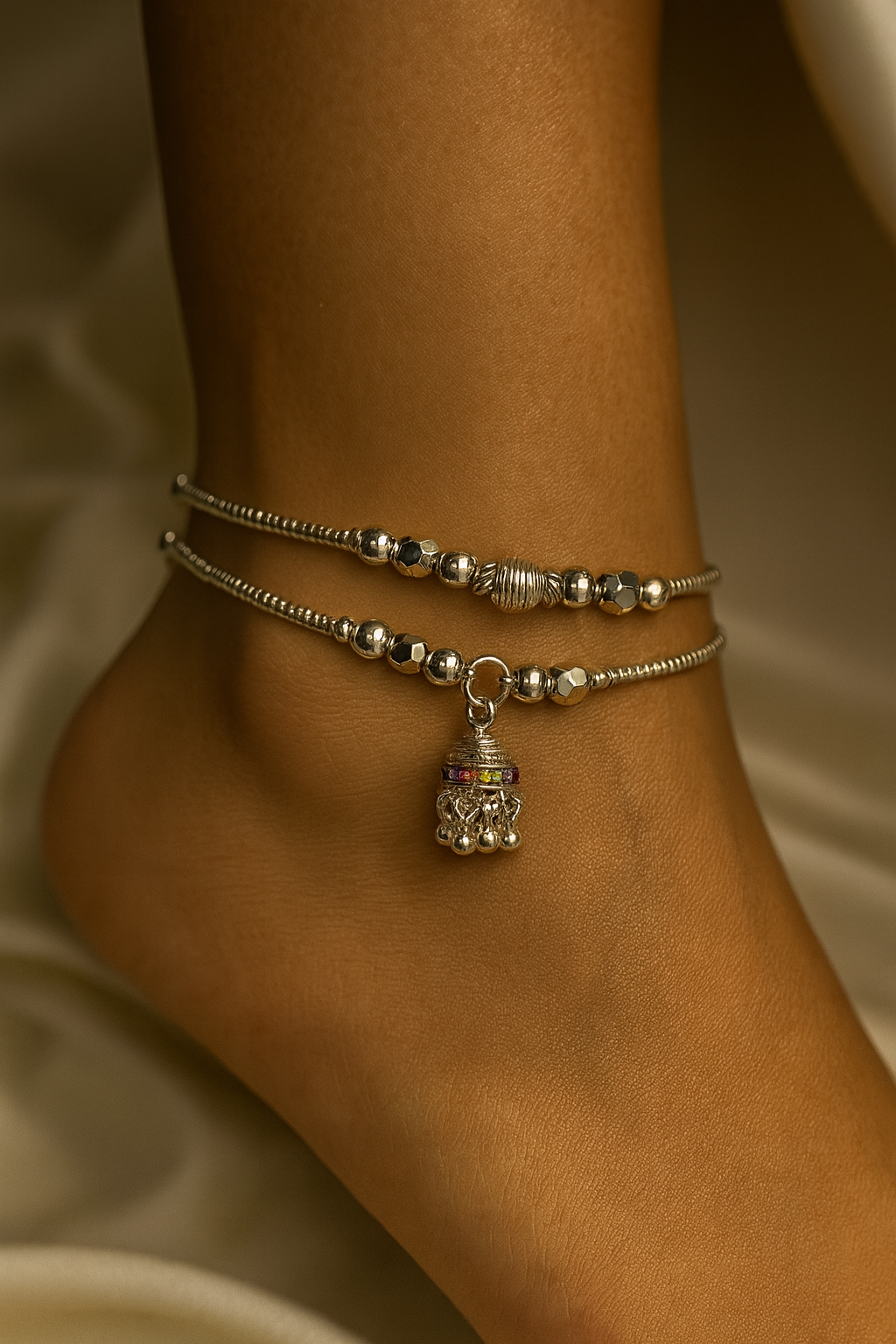 Sterling Silver 925 Beaded Anklet with Multicolour Ghungroo Charms