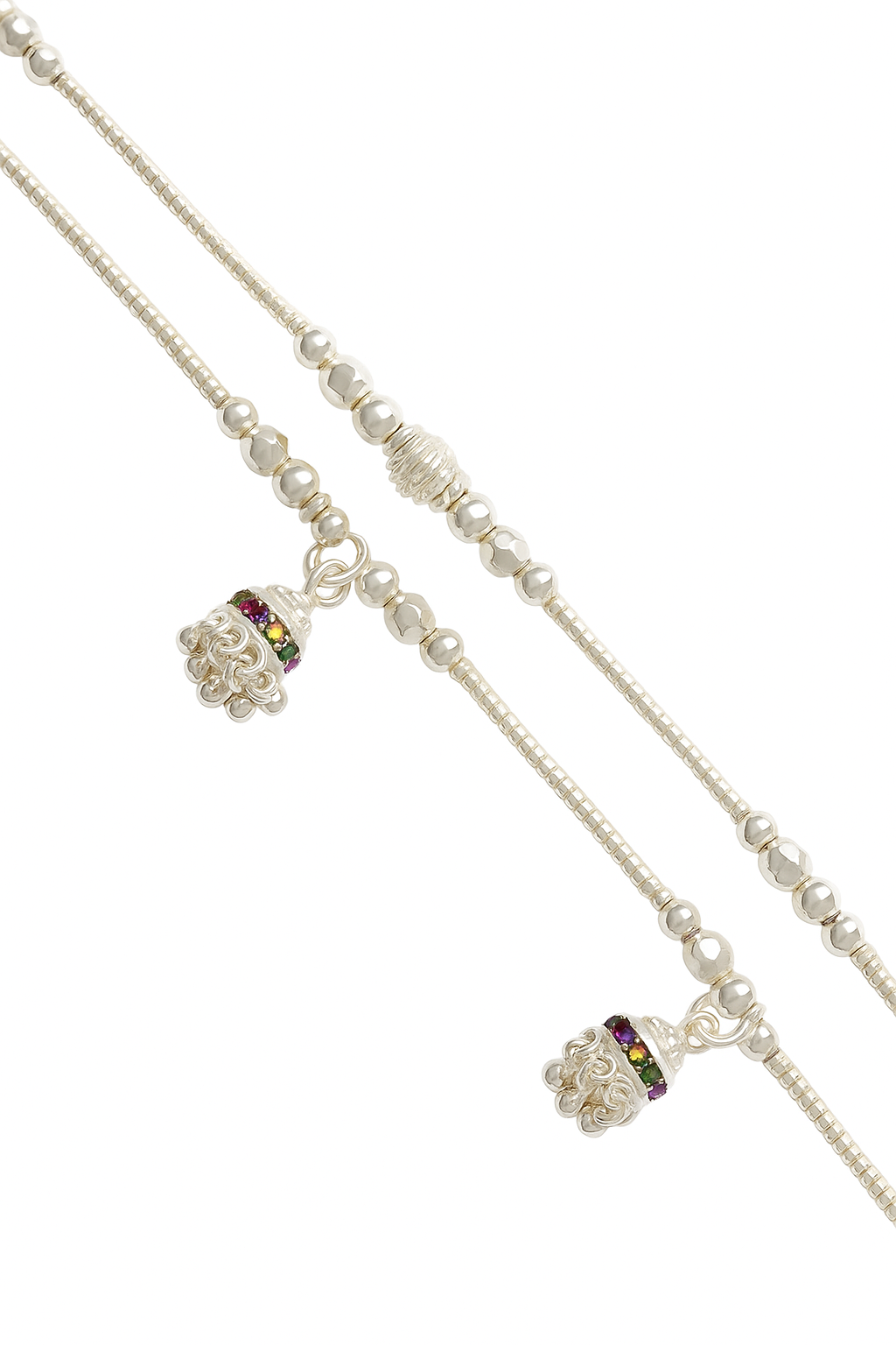 Sterling Silver 925 Beaded Anklet with Multicolour Ghungroo Charms