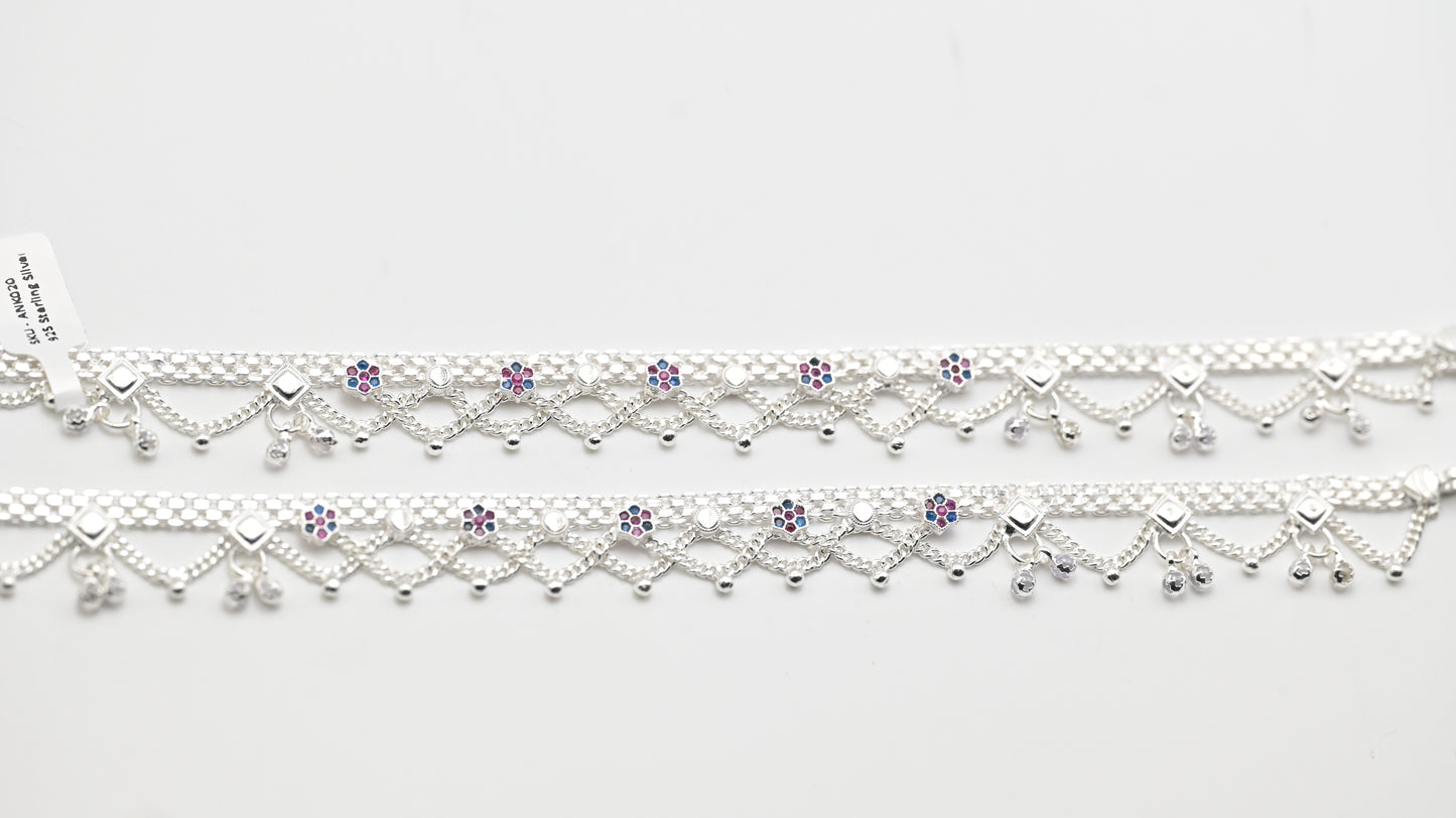 Sterling Silver 925 Textured Beaded Anklet