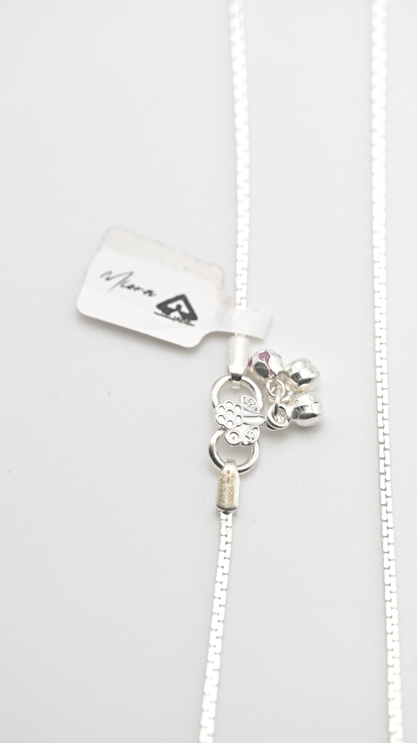 Sterling Silver 925 Box Chain Anklet with Floral Charm & Bead Detailing