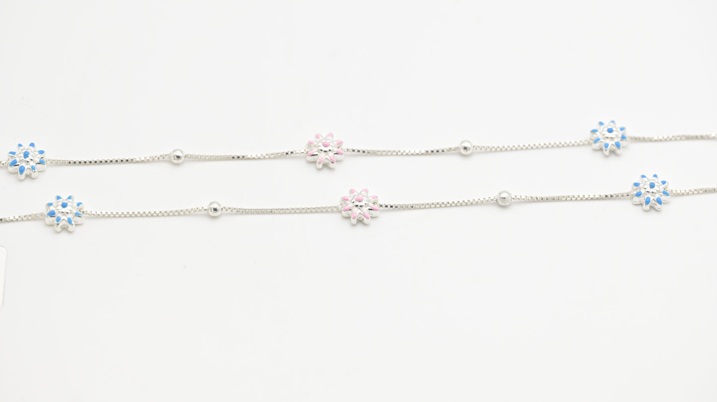 Sterling Silver 925 Womens Dual-Tone Floral Anklet