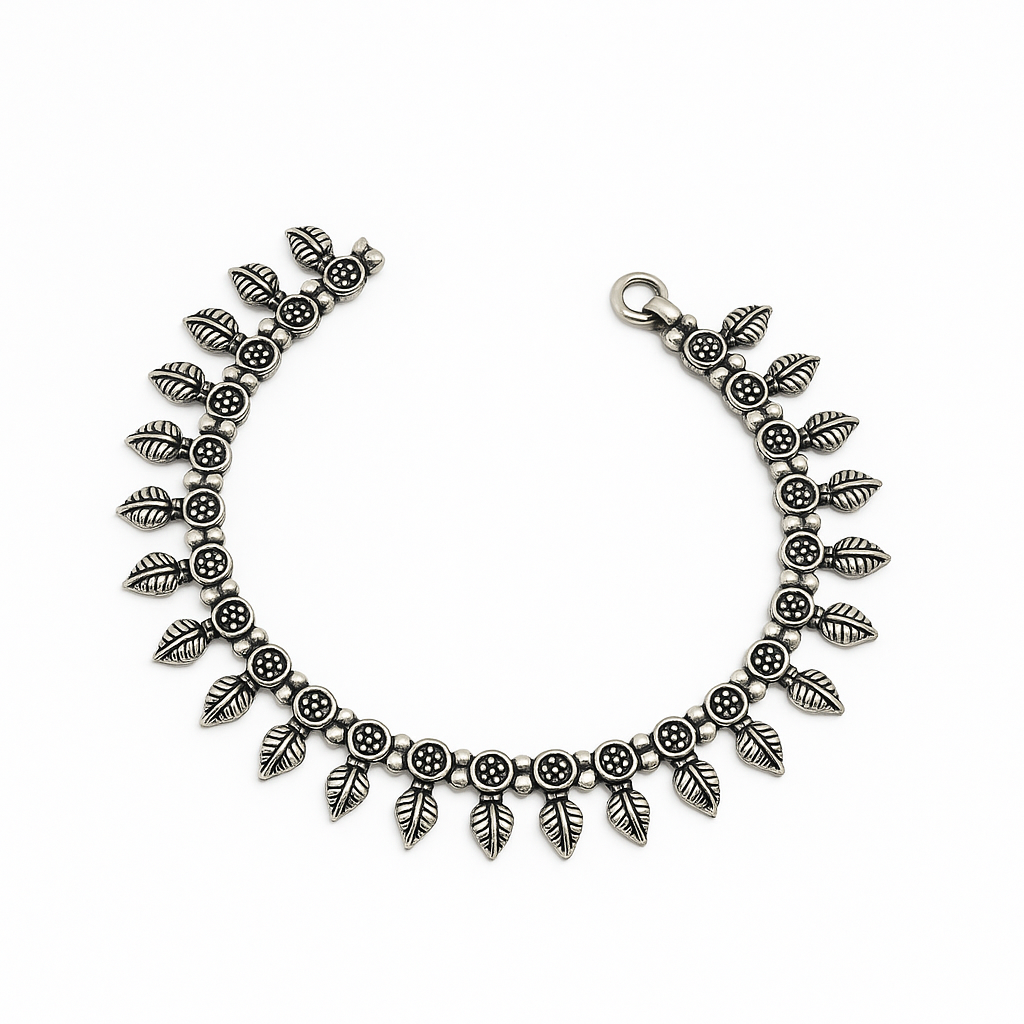 Sterling Silver 925 Antique Oxidized Silver Floral Payal Anklet