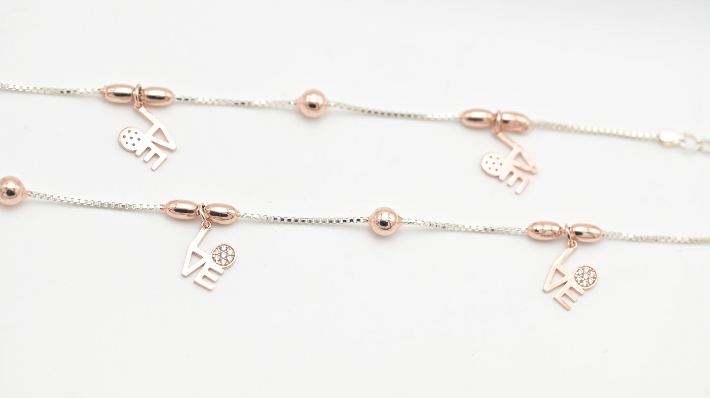 Sterling Silver 925 Rose Gold and Silver “LOVE” Charm Anklet