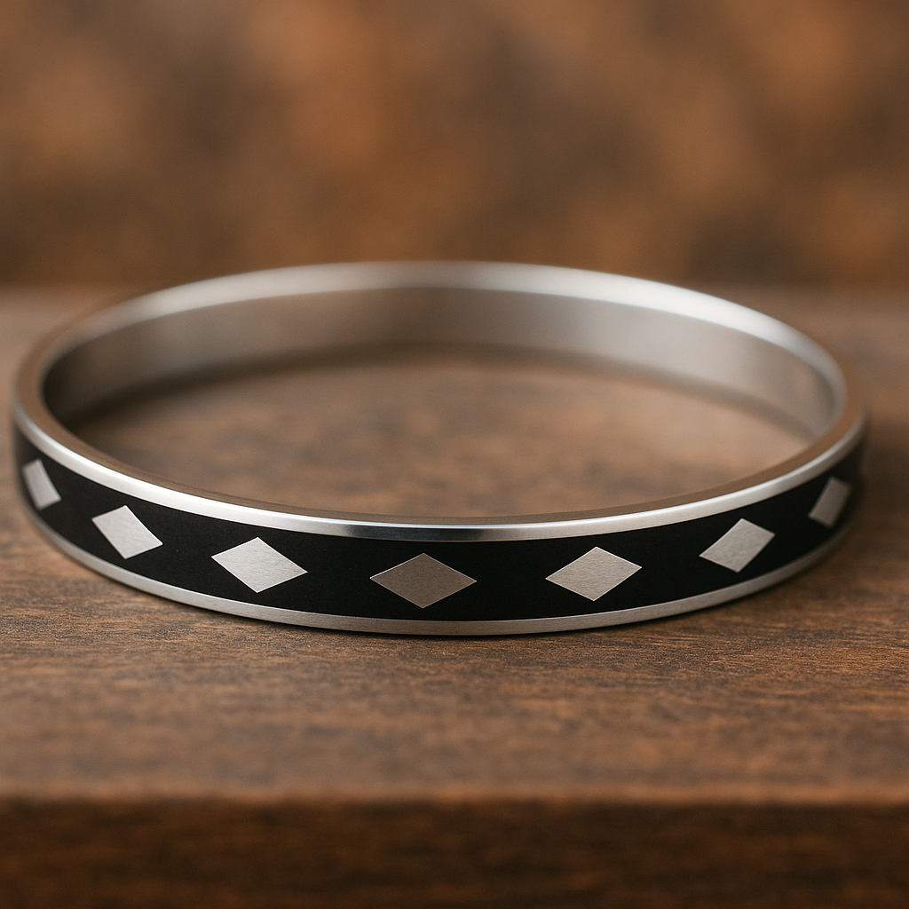 Silver Black Kada with Diamond Motif