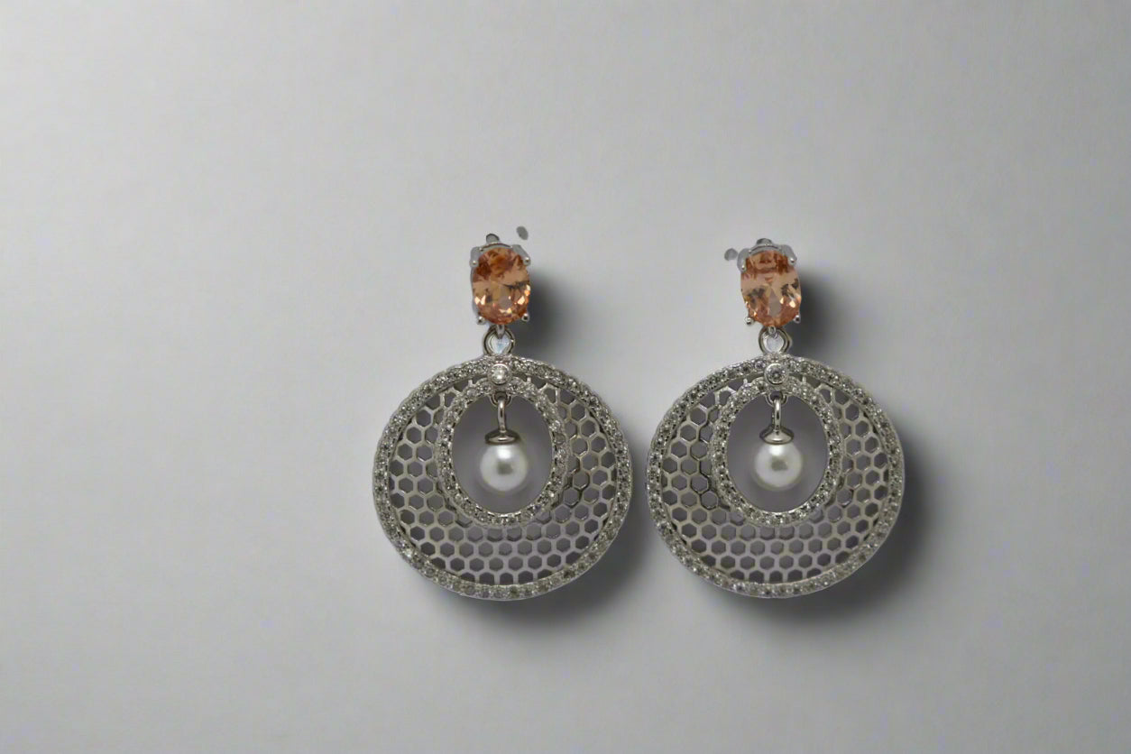 Champagne Crystal & Pearl Drop Circle Earrings