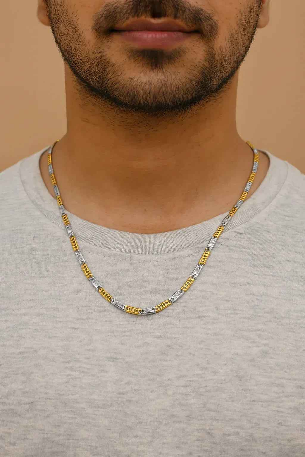 Gold & Silver Dual-Tone Geometric Link Chain Necklace | Sterling Silver