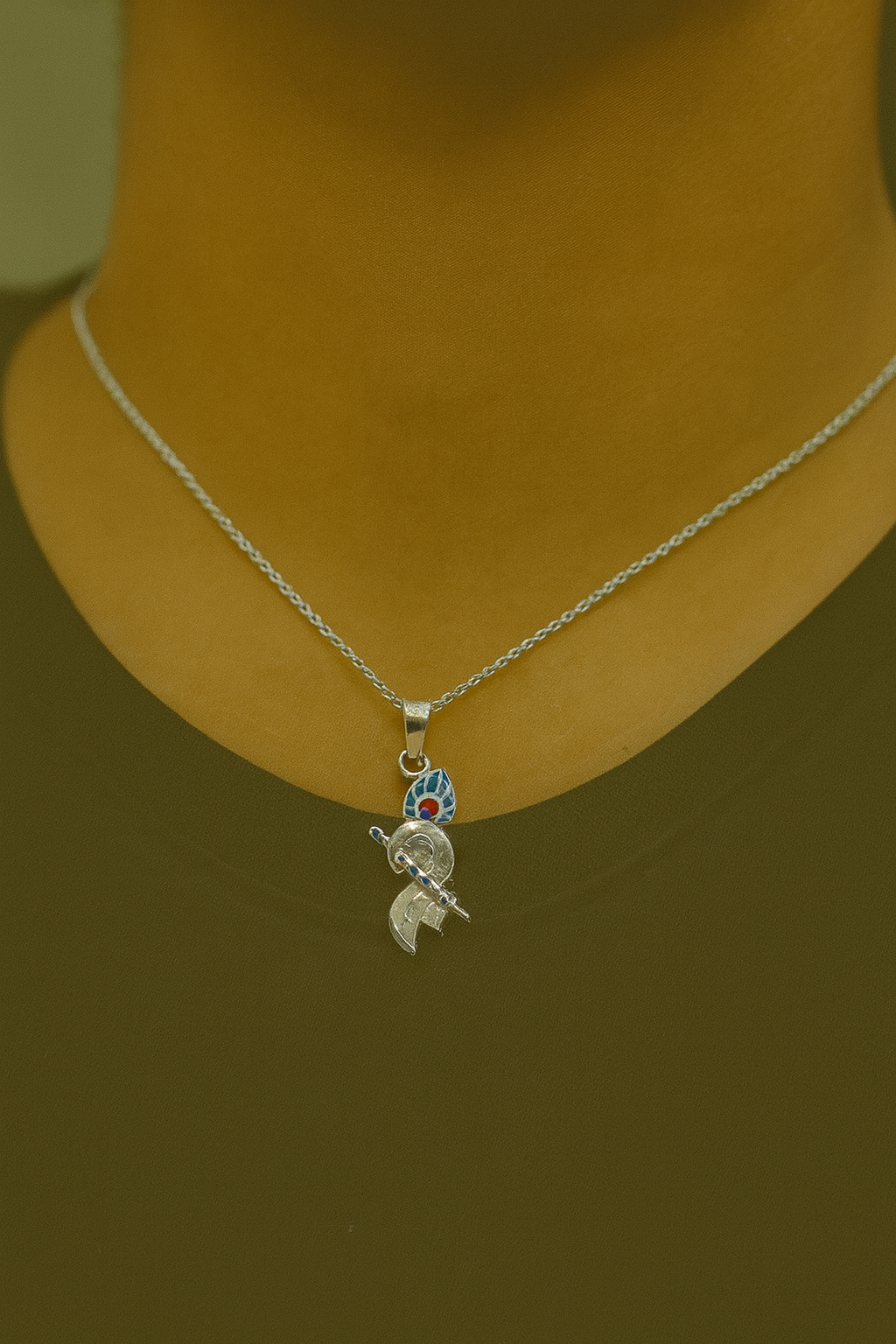 Sterling Silver Murli & Peacock Feather Pendant