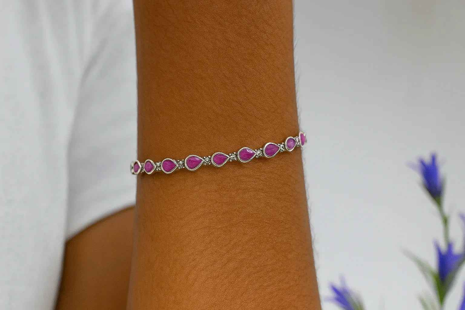 Sterling Silver Pink Teardrop Stone Bracelet