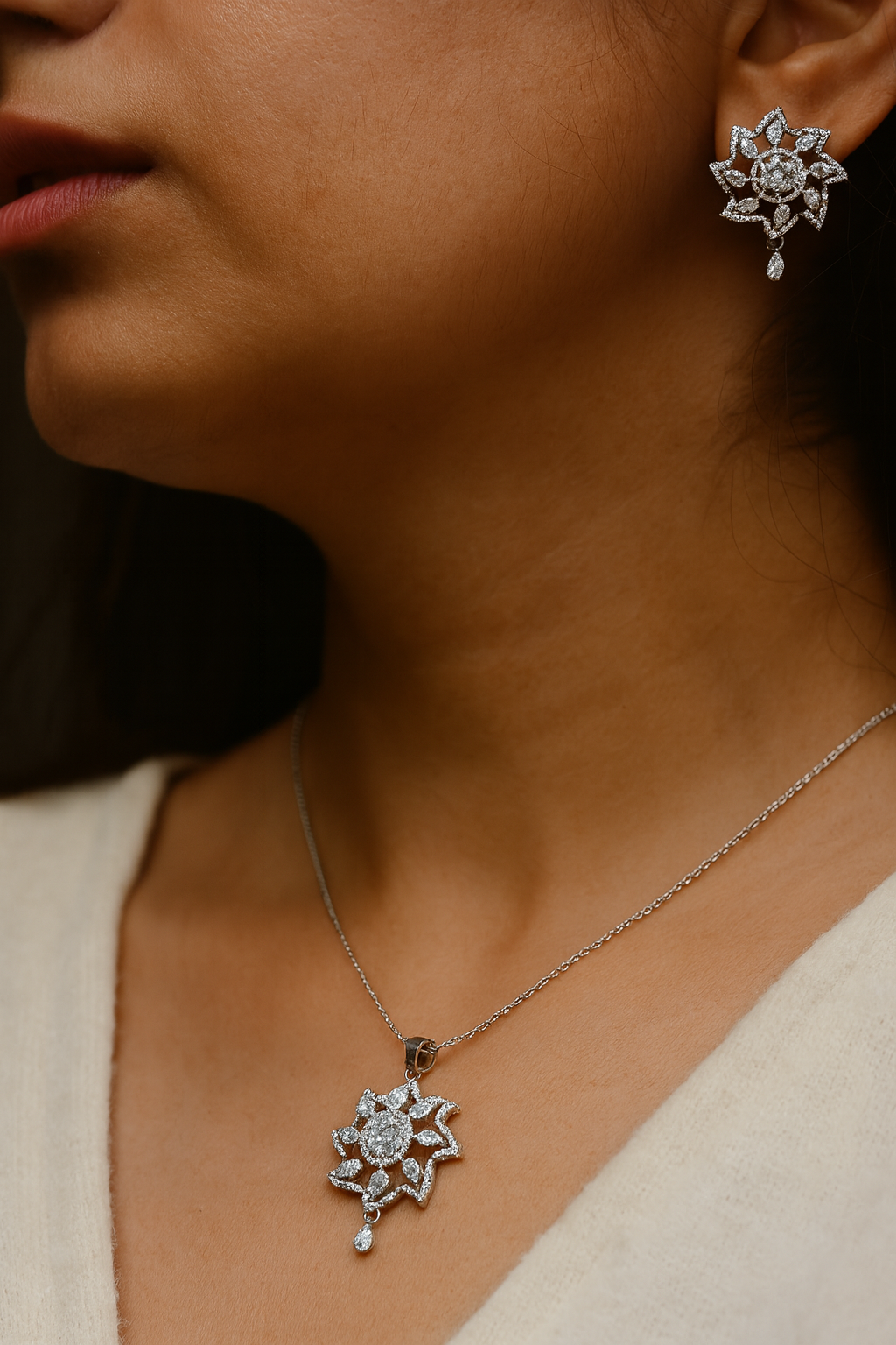 Sterling Silver Sunflower Sparkle Pendant & Earrings Set