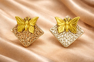 Gold Plated Butterfly Stud Earrings | Textured Dual-Tone Design - Miora