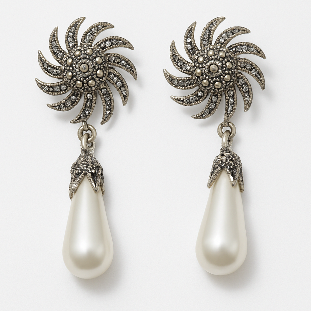 Vintage Pearl Drop Earrings with Marcasite Sunburst Stud
