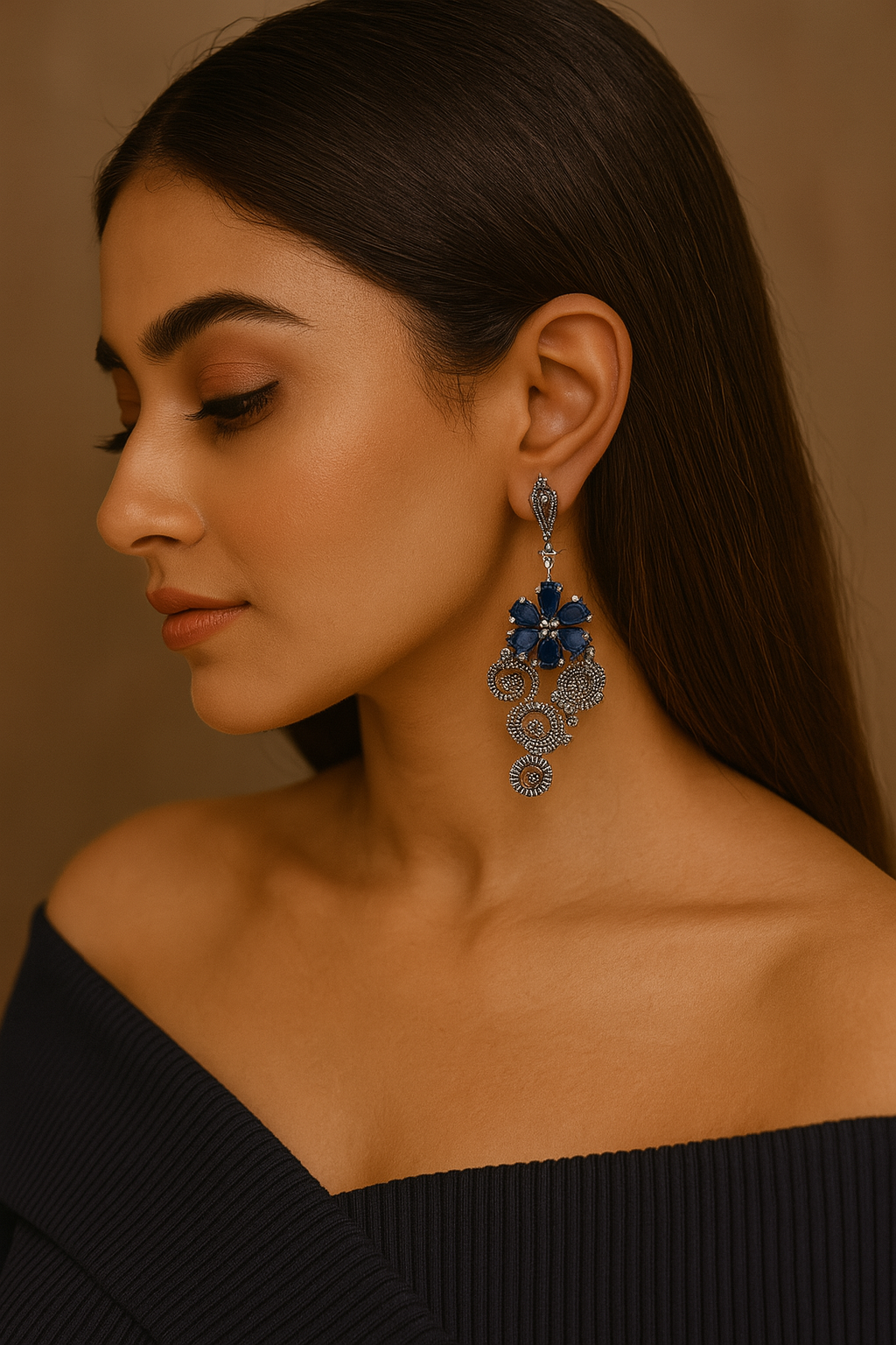 Blue Floral Statement Earrings with Marcasite Detail