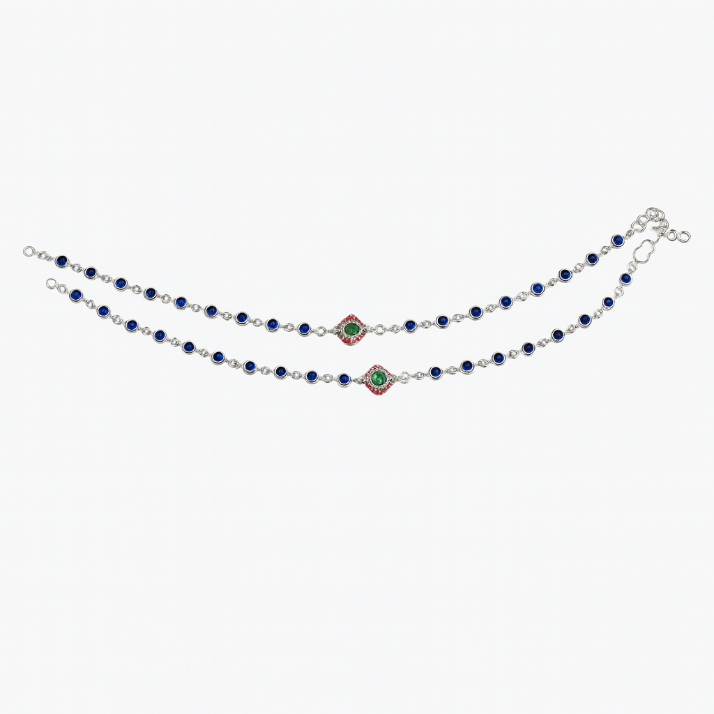 Sterling Silver Dual-Line Blue & Green Stone Anklets