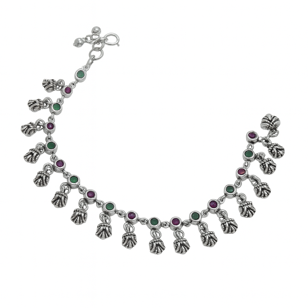 Sterling Silver Anklet with Blue & Green CZ Accent