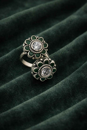 Floral Harmony Adjustable Toe Ring with Green & White Stones
