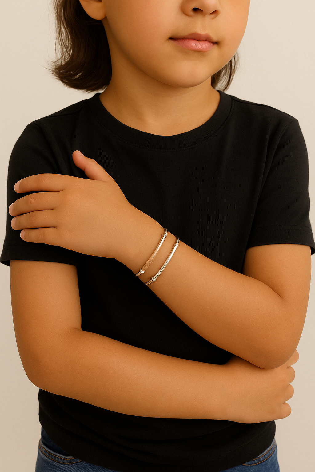 Dual-Tone Rose Gold Mesh & Silver Bangle Bracelet