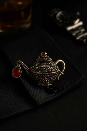 Vintage Teapot Brooch with Red Gemstone Drops
