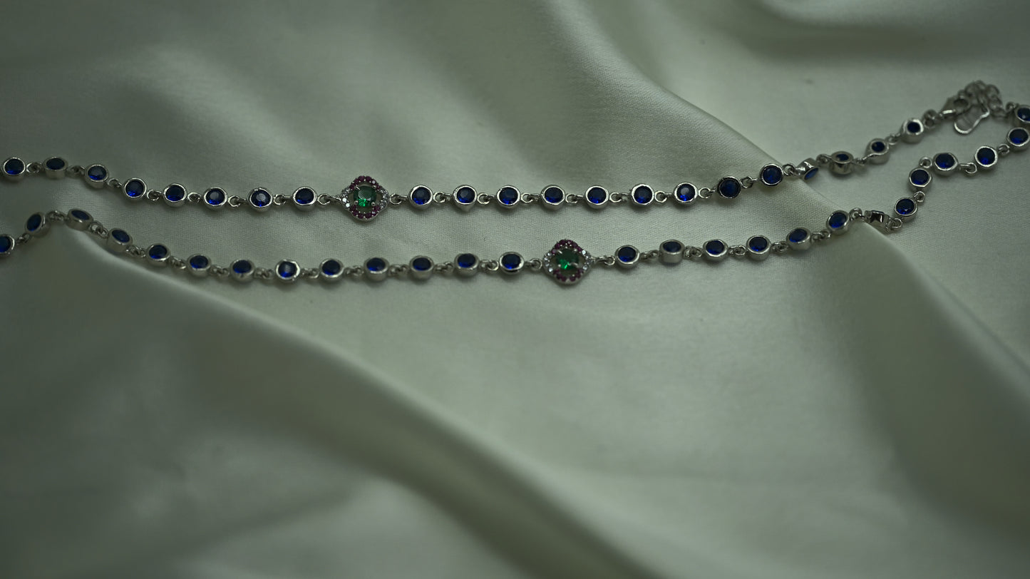 Sterling Silver Dual-Line Blue & Green Stone Anklets