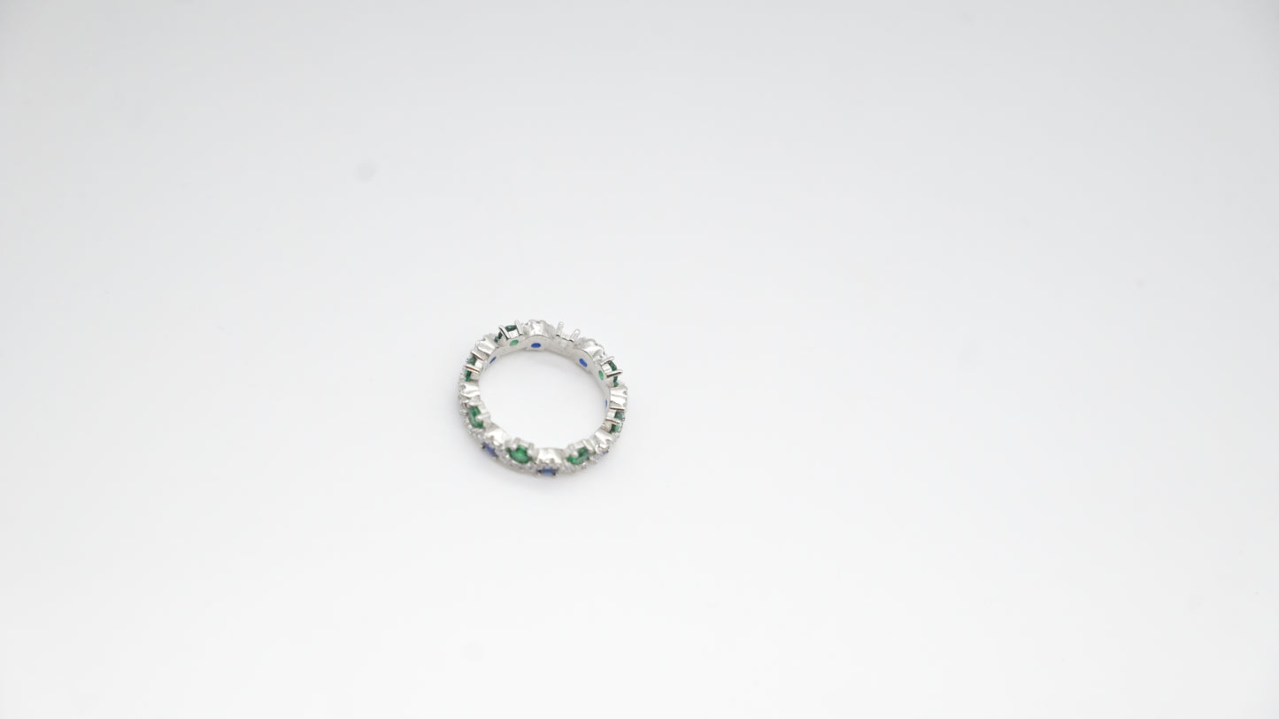 Sterling Silver Eternity Band Ring with Green & White Stones