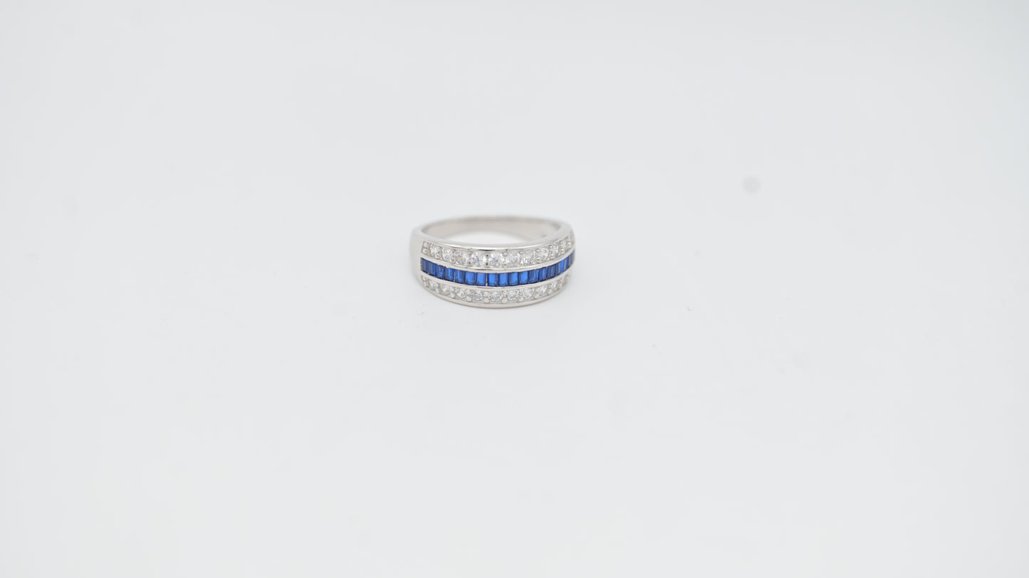 Sterling Silver Ring with Blue Baguette and White Zircon Stones