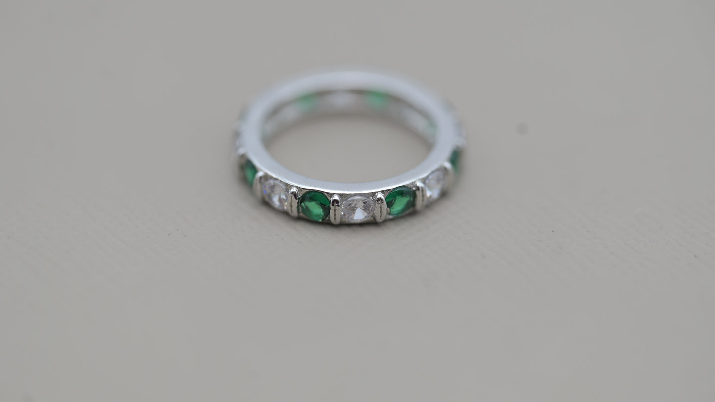 Silver Eternity Ring with Emerald Green and Diamond-Cut CZ Stones