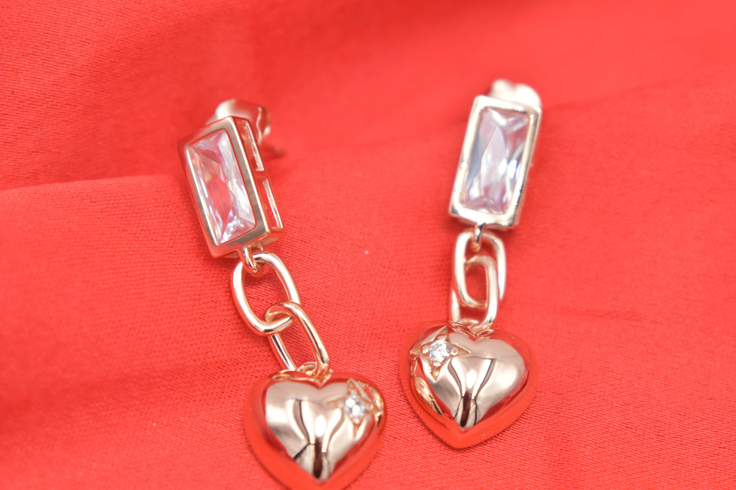 Rose Gold Heart Charm Drop Earrings
