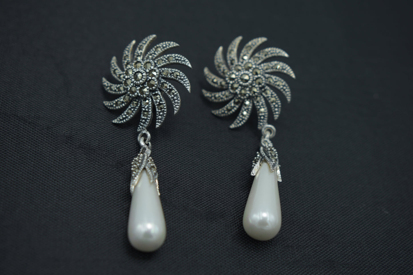 Vintage Pearl Drop Earrings with Marcasite Sunburst Stud