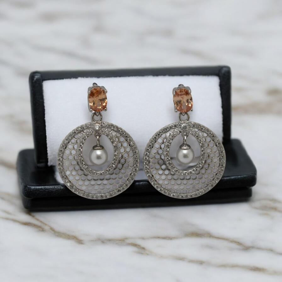 Champagne Crystal & Pearl Drop Circle Earrings