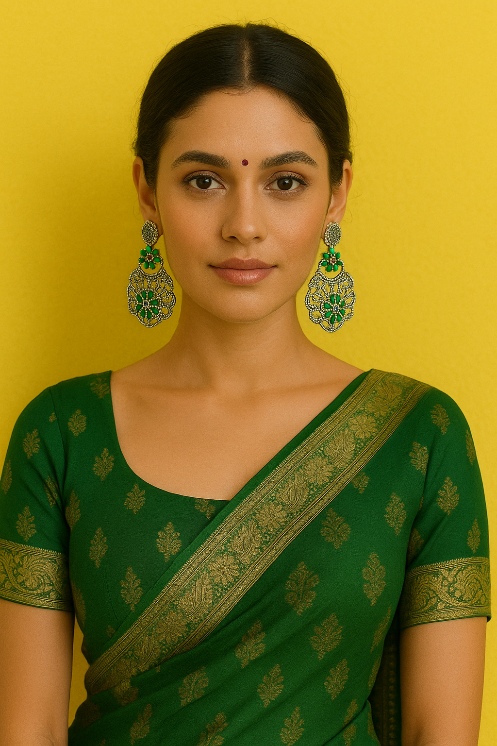 Floral Filigree Jhumka Earrings with Green Stone Petals