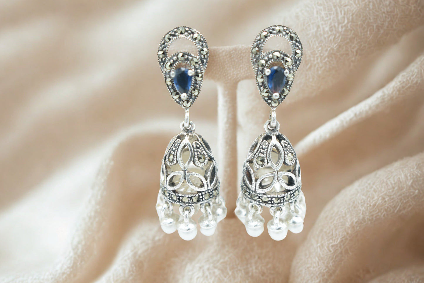 Antique Blue Stone & Pearl Dome Drop Earrings