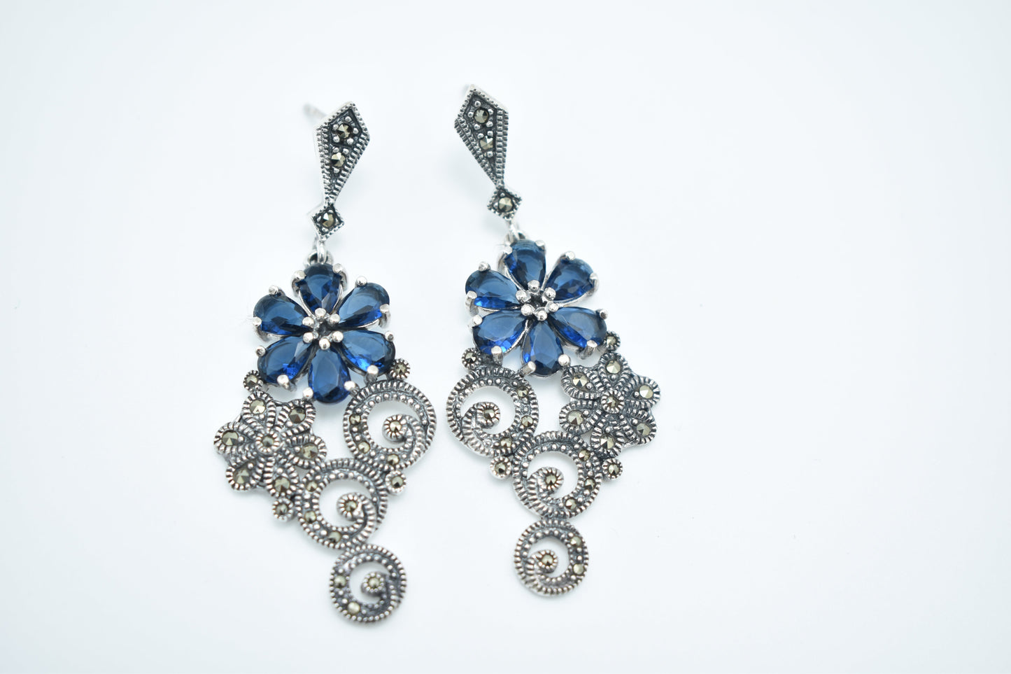 Blue Floral Statement Earrings with Marcasite Detail