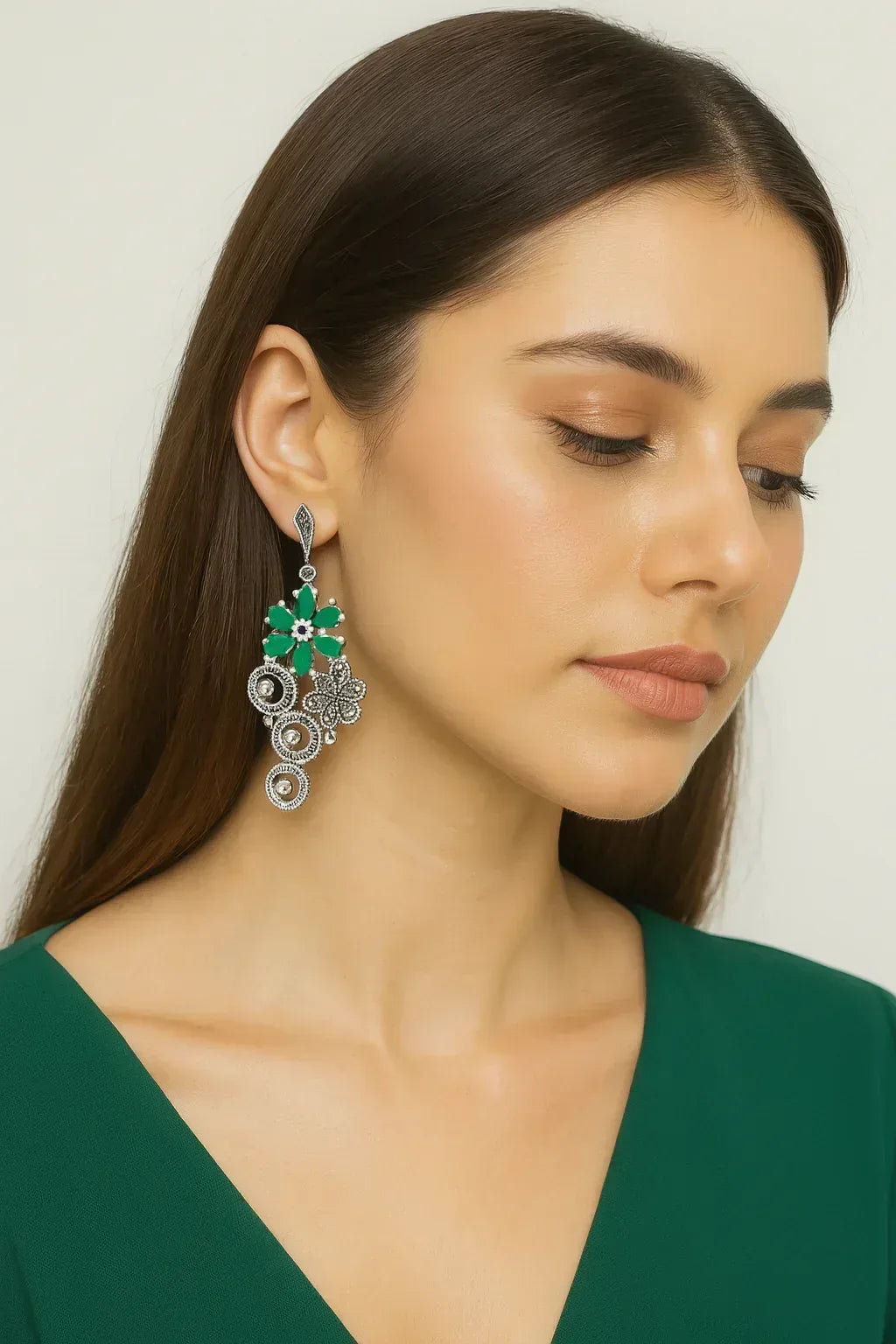 Green Floral Dangle Earrings - Miora