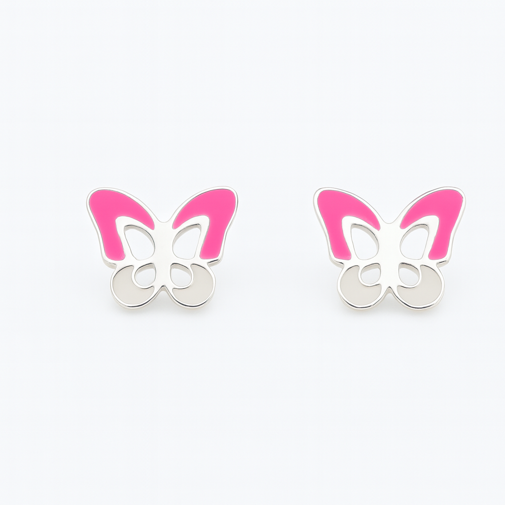 Kids Teenagers White & Pink Butterfly Stud Earrings