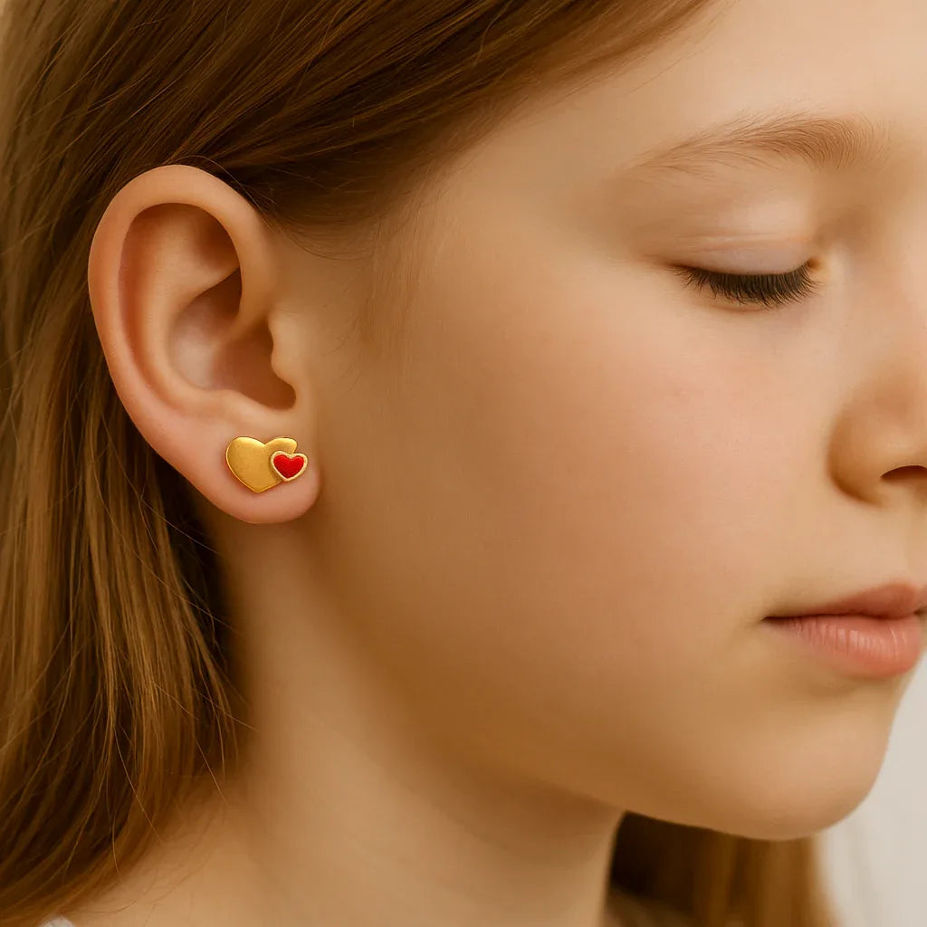 Double Heart Red Enamel Stud Earrings - Miora