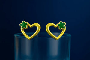 Golden Heart with Green Clover Stud Earrings - Miora