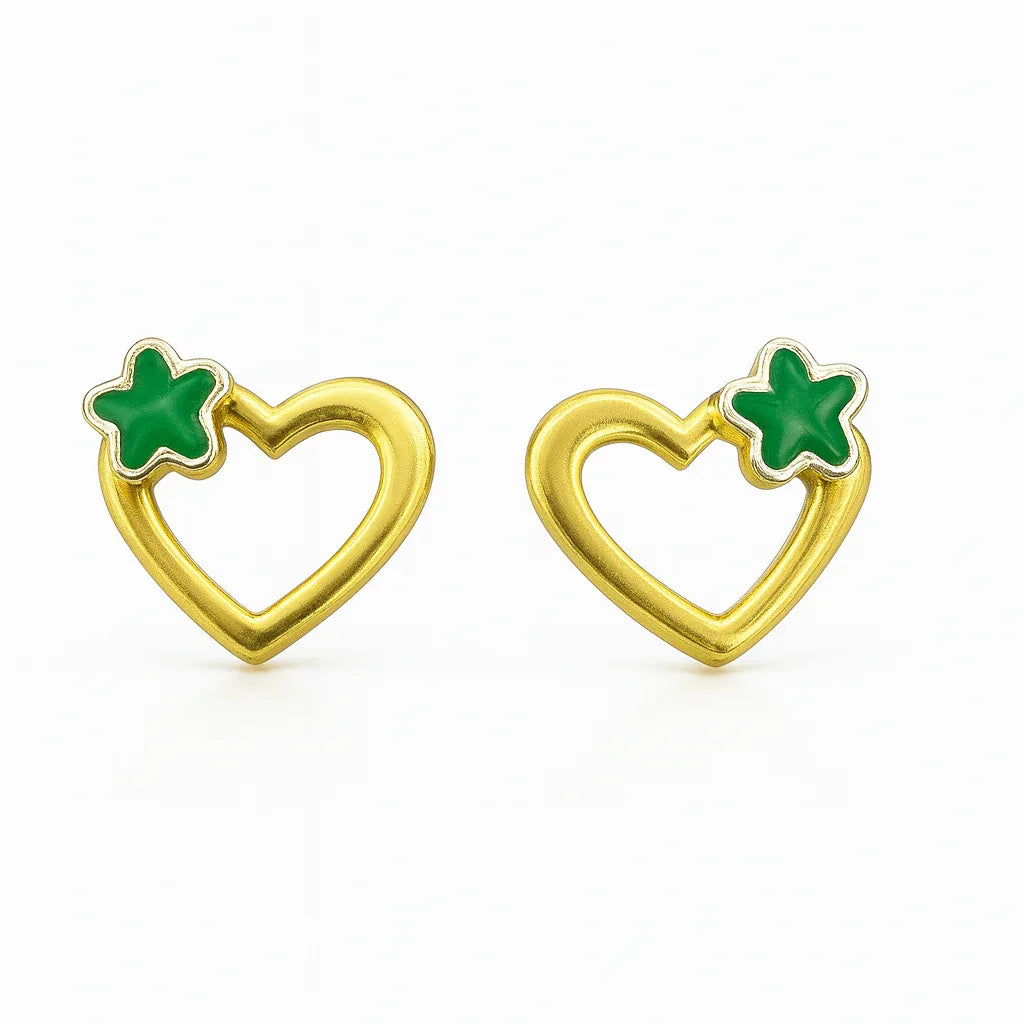Golden Heart with Green Clover Stud Earrings - Miora
