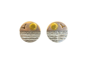 Golden Sunset Over Waves Stud Earrings | Dual-Tone Finish - Miora