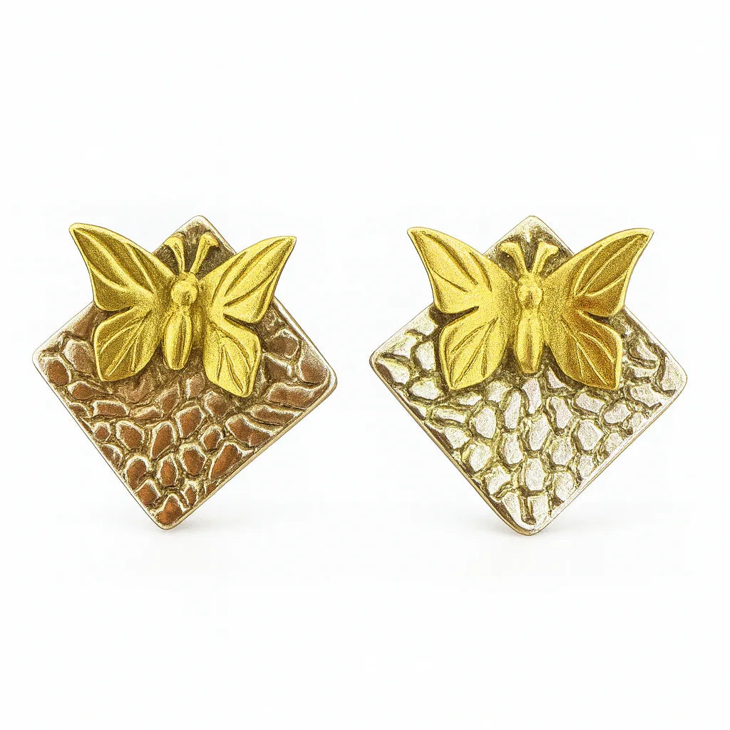 Gold Plated Butterfly Stud Earrings | Textured Dual-Tone Design - Miora