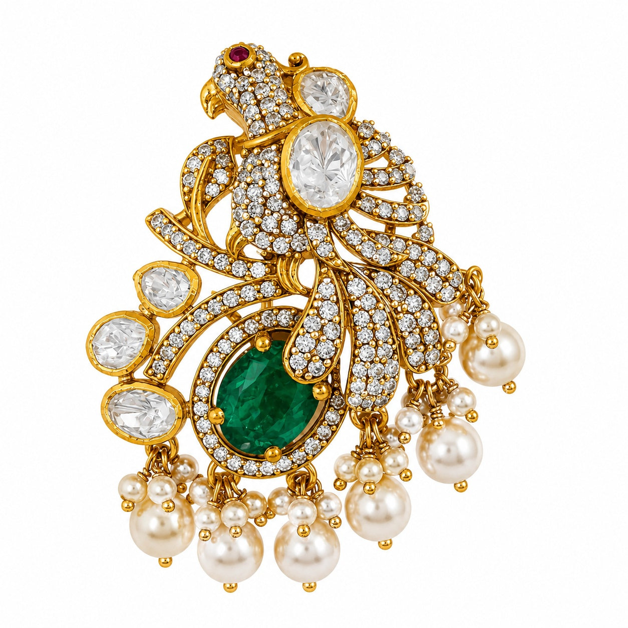 Emerald Bird Polki Brooch
