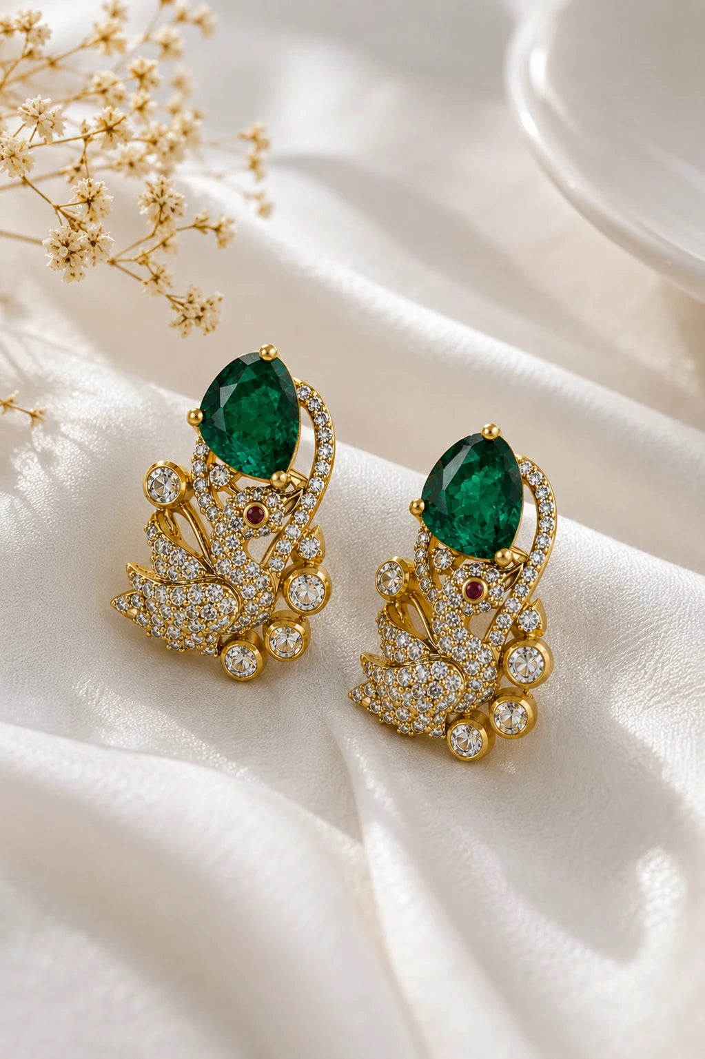 Polki Emerald Swan Earrings