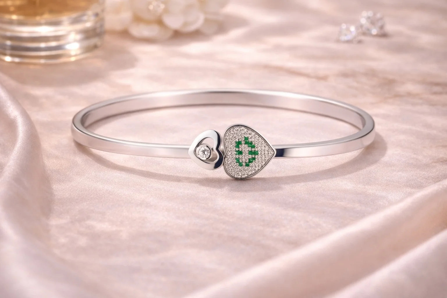 Silver Heart Duo Bangle with Green and White Stone Detailing