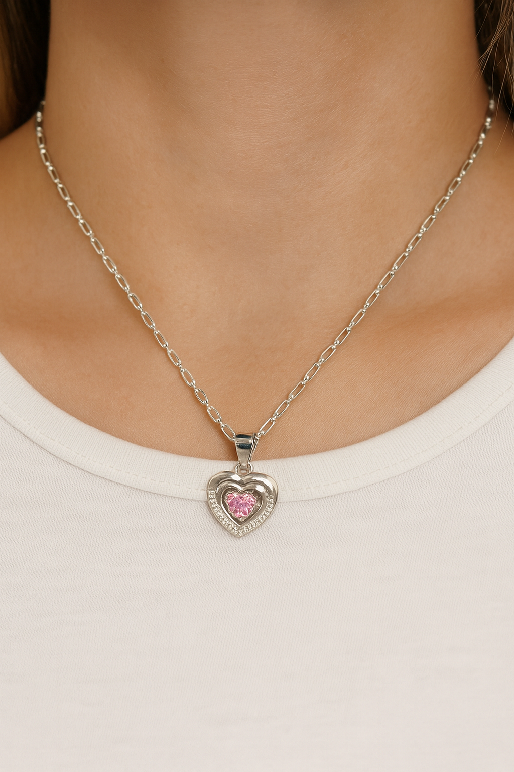 Pink Heart Pendant Necklace | Dual Heart Design with Zircon Sparkle