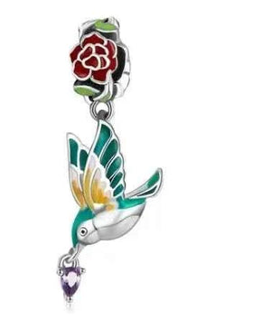 MIORA 925 Sterling Silver Hummingbird Rose Charm