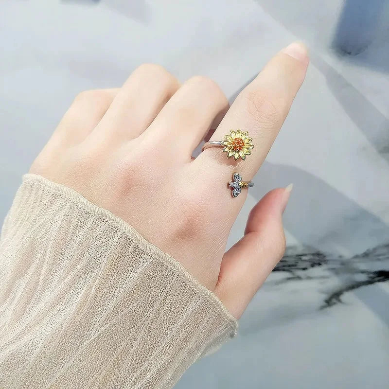 MIORA 925 Sterling Silver Sunflower Bee Ring