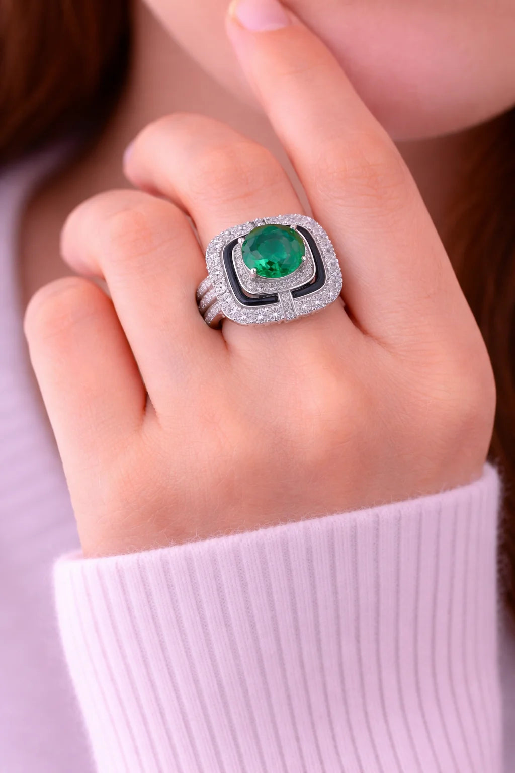 Women Elegant Emerald Green Stone Ring with Black Enamel & CZ