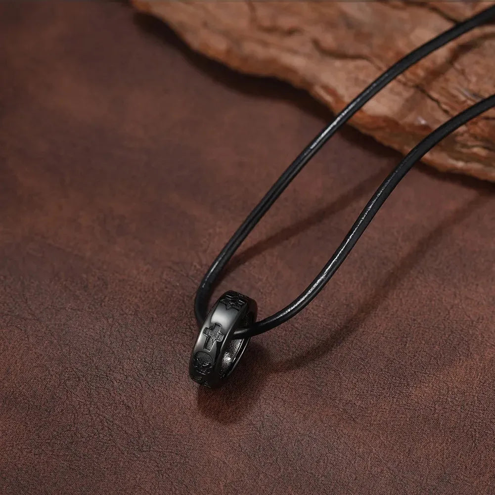 Leather Engraved Ring Necklace