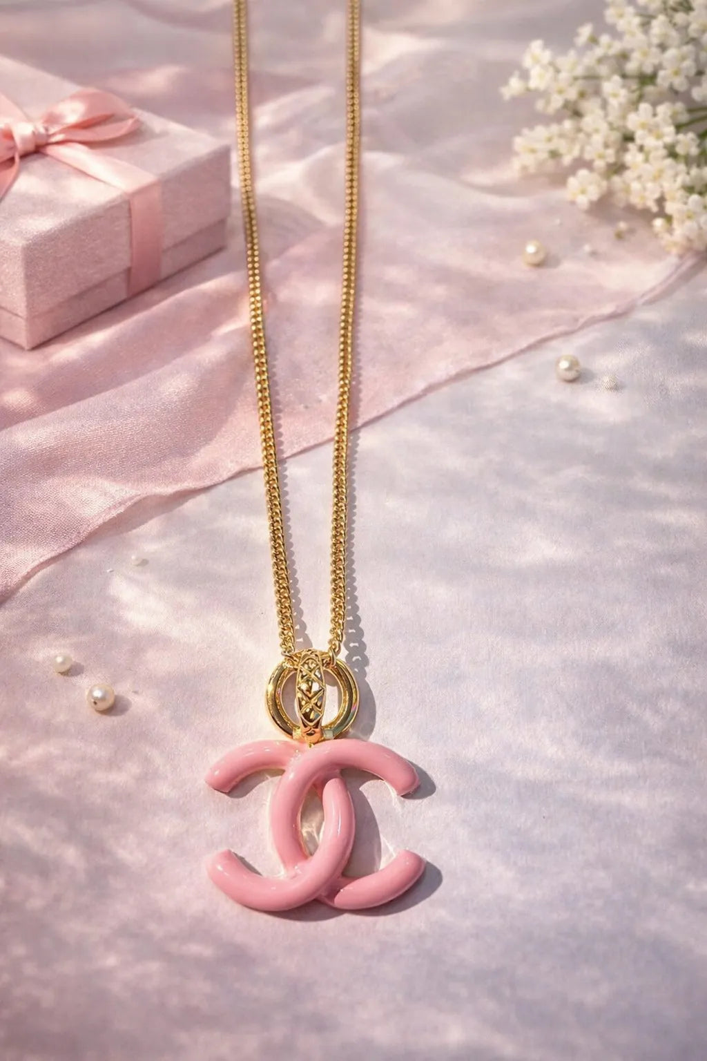 Pink Enamel Interlock Necklace