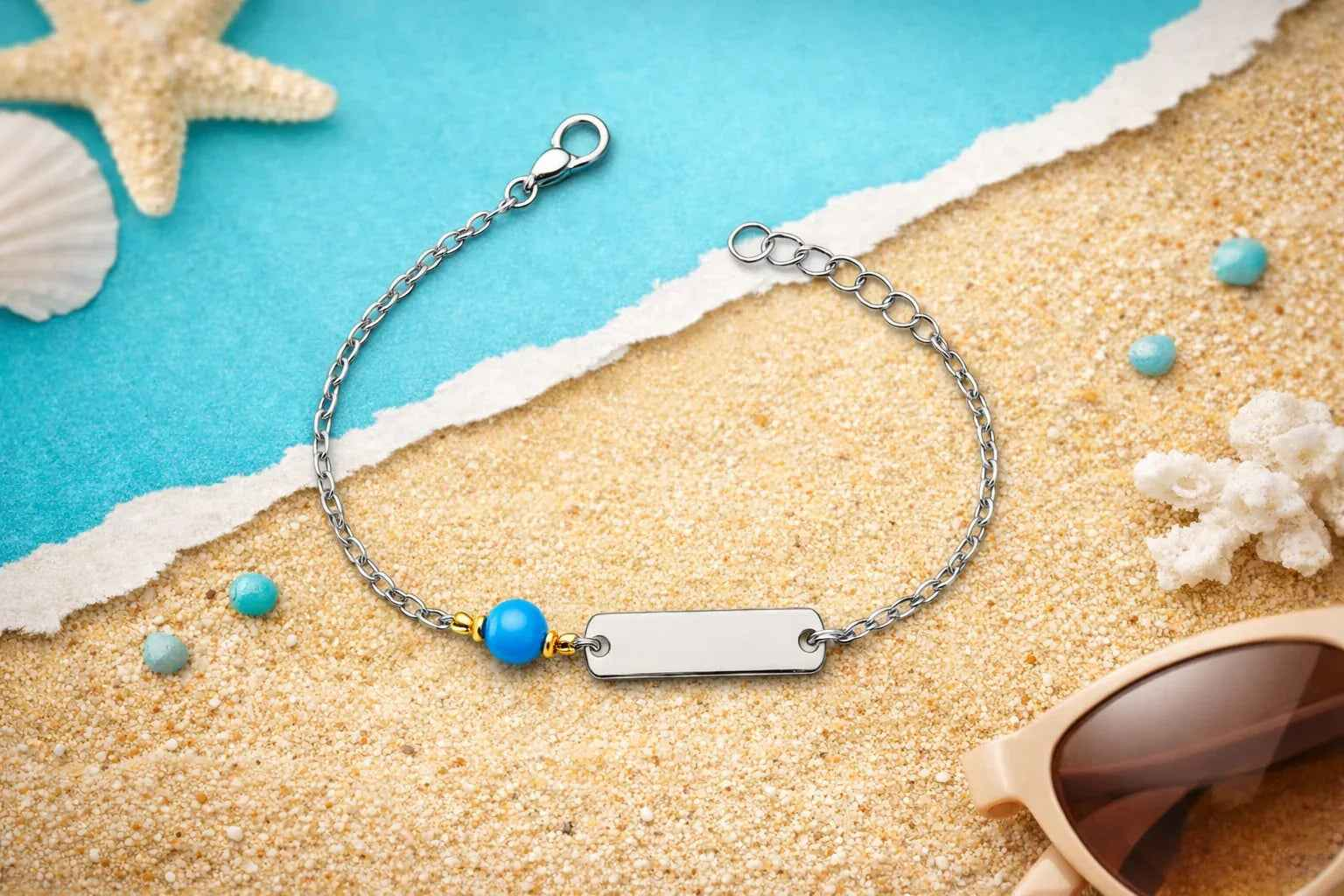 Chain Bracelet with Turquoise Bead and Engravable Barcelet