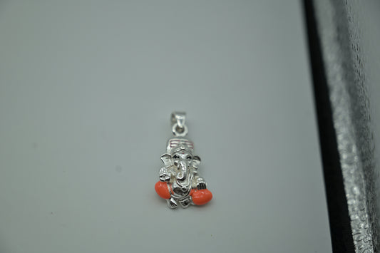 Silver Lord Ganesh Pendant with Orange Accents